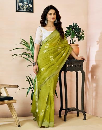 Image of SIRIL Women's Printed Cotton Linen One Minute Ready to Wear Saree With Unstitched Blouse Piece