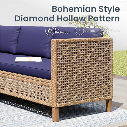 Image of PHI VILLA Sectional Outdoor Couch, L-Shaped Wicker Patio Sofa Set, Small Rattan Patio Furniture Set with Acacia Wood Coffee Table for Deck Porch, 4 Seats, Navy Blue Cushion