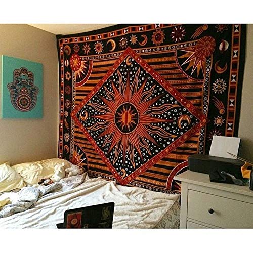 Psychedelic Celestial Sun Moon tapestry Planet Bohemian Tapestry/ Wall Hanging Dorm Decor Boho Tapestry /Hippie Hippy Tapestry Beach Coverlet Curtain (Queen (84 X 85 inches Approx, Orange)