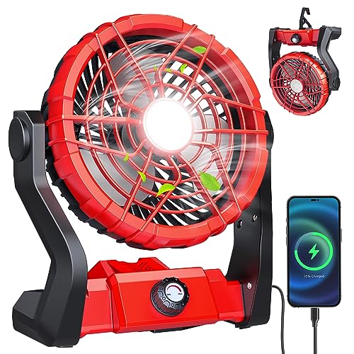 10400mAh Rechargeable Battery Powered Fan, Camping Fan with LED Lantern, Battery Operated Fan, Outdoor Tent Ceiling Fan, 270° Head Rotation, Timing, Reverse Charge Function, Portable Fan for Travel