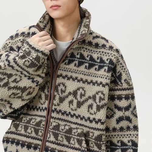 Mens Jacket Ethnic Style Jacquard Fleece Fall Winter Stand Collar Warm Coat - image 4