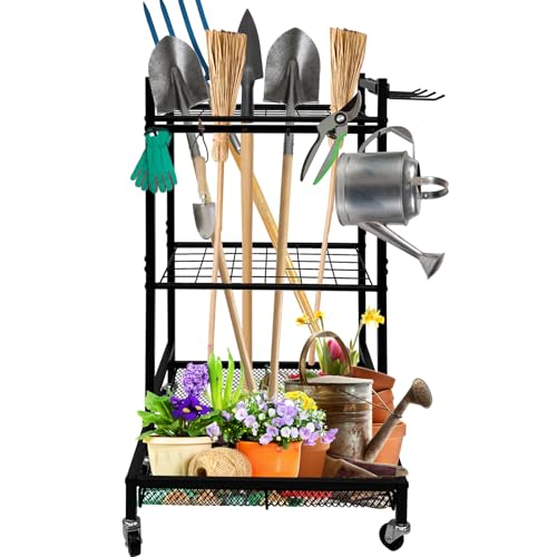 EVGTTI Gartenwerkzeug-Organizer mit Rollen, Kohlenstoffstahl Aufbewahrungsregal für Gartengeräte, Mehrzweck Gartengerätehalter für Garage, Werkstatt und Schuppen, 3-stufig Metall Tool Stand Halter