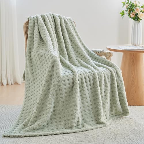 Wajade Kuscheldecke Flauschig Kunstfelldecke Decke Sofa Waffel Sofaüberwurf warm Sofadecke Comfort Couchdecke weiche Wohndecke für Couch & Bett 127 x 178 cm Sage Green