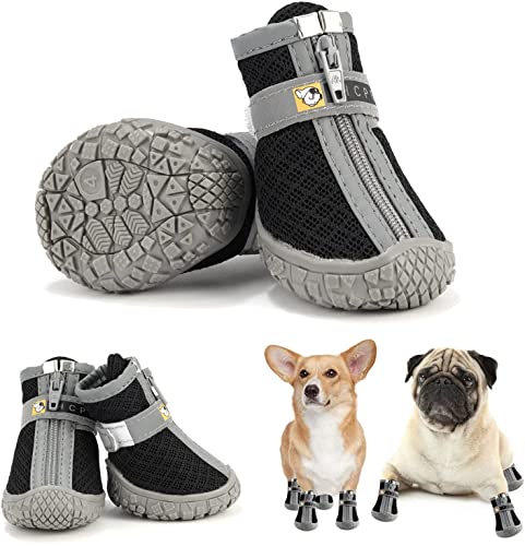 Image of KUTKUT Dog Shoes for Hardwood Floors | Pack of 4pcs Breathable Dog Boots with Anti-Slip Rugged Sole | Dog Hiking Boots with Reflective & Adjustable Strap Zipper Closure for Small,Medium Dogs