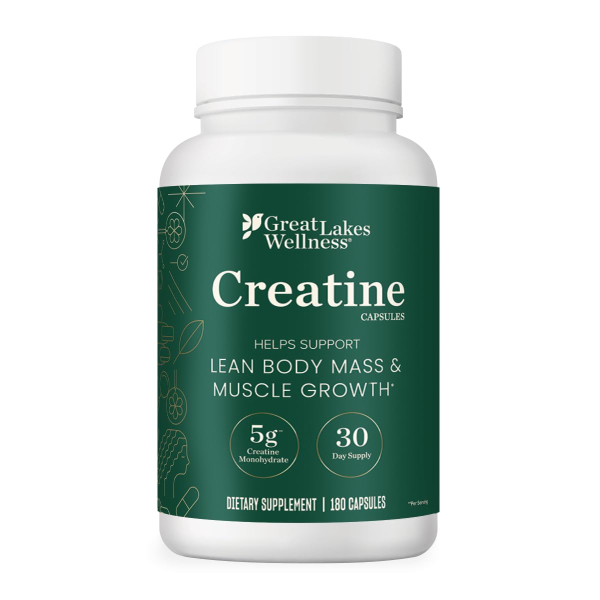 Great Lakes Wellness Suplemento de Creatina Monohidratada em Cápsulas 5 g por porção, 180 cápsulas