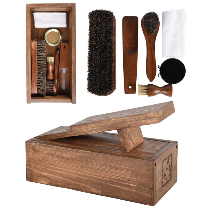 L'Héritier Du Temps Kit d'entretien Chaussures Coffret à Cirage Pinceau Brosse Chausse-Pied et Chiffon en Bois 14x17x29cm