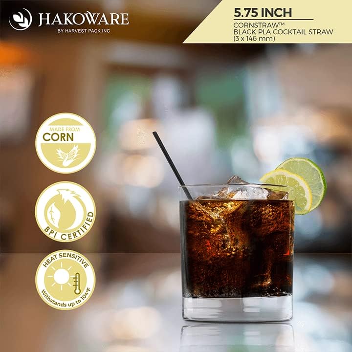 [500 COUNT] CORNSTRAW 5" Black PLA Cornstarch Plasticless Disposable Drink Stirrer Cocktail Straw