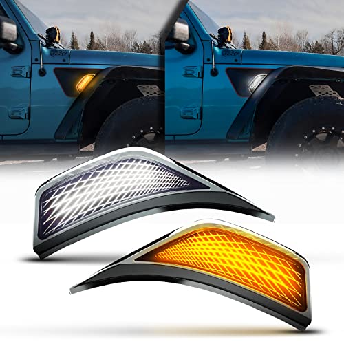 OPT7 LED Side Marker Lights for Jeep Wrangler JL JLU & Gladiator JT 2018-2023 w/Amber Sequential Turn Signal, White Running Light, 2 pcs Front Fender Side Lamp Assemblies