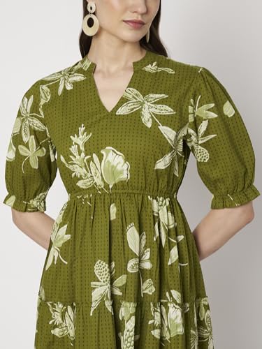 Image of PIDAVLIYA'S Women's Floral Summer Maxi Dress I Cotton Printed I One Piece Bodycon Midi Dress with V-Neck, Puffed Sleeves