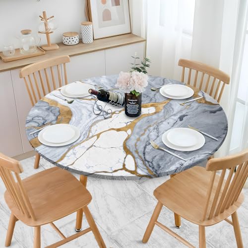 BOOWEATS Marble Grain 42 Inch Round Fitted Cloth Tablecloth with Elastic Edged, Waterproof Oil Proof Wipeable Table Cover for Indoor Outdoor Patio Table, Fits Round Tables Up to 40" - 44" Diameter by BOOWEATS - Used condition - Image 5