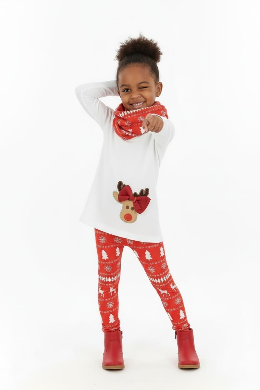 Unique Baby Girls Kids Toddler 3pc Outfit Set Long Sleeve A-Line Tunic Top Leggings and Scarf - Image 4