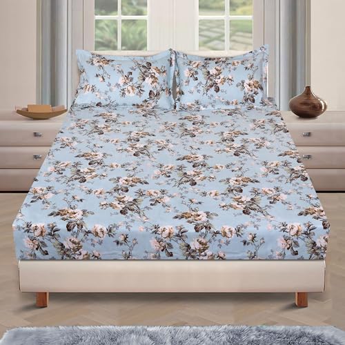 Image of ROMEE Elegant Floral Printed Glace Cotton Double Bedsheet, 150 TC Soft Feel, Queen Size (90 x 100 Inches), with 2 Pillow Covers, Blue