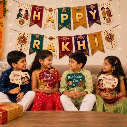 Image of Festiko Happy Rakhi Banner with 10 Pcs Photo Booth Props Combo, Raksha Bandhan Decoration Kit for Home, Family Celebration, Party Decor, Sibling Photoshoot Backdrop Supplies