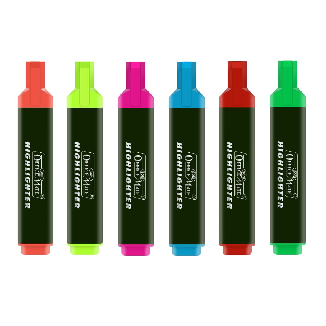 Soni Officemate Hi-Lighter Textliner | Pack of 6(Mix) Easily Applicable Highlighters | School & Office Stationery - Mult