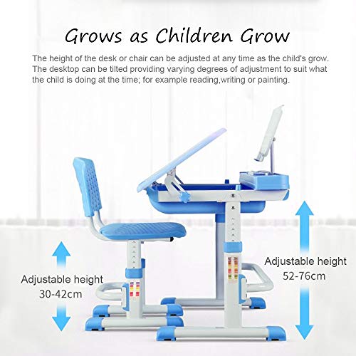 Cantonape Kids Desk And Chair Set, Height Adjustable Children School Study Desk With Tilt Desktop, Bookstand, Led Lamp, Metal Hook And Storage Drawer For Boys Girls, (Blue) #TOP3
