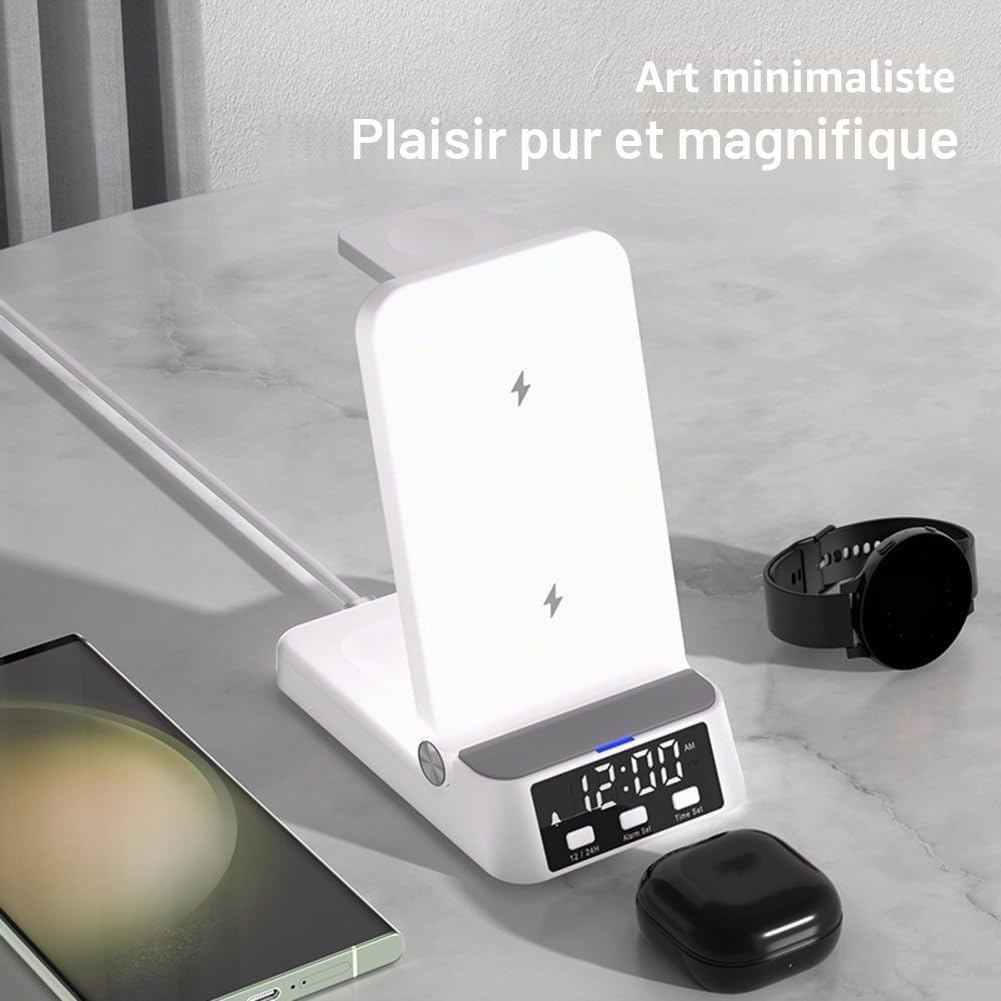 Chargeur sans fil pour Samsung, station de charge sans fil 3 en 1 pour téléphones Samsung, écouteurs et montres avec horloge, pour support de chargeur de téléphone portable Samsung (noir)