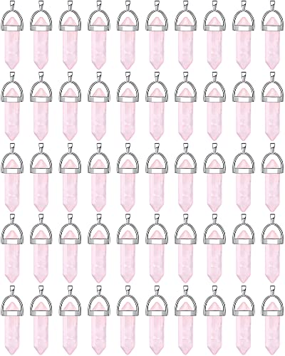 30 Pieces Hexagonal Natural Crystal Pendants Pointed Crystal Quartz Stone Pendant Bullet Shape Healing Stone Pendants DIY Gemstone Crystal Pendant for Necklace Jewelry Making (Pink)