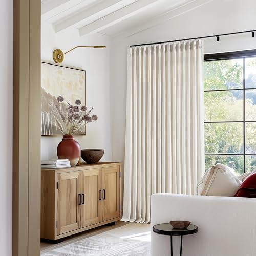 Image of Extra Wide Pinch Pleat 100 x 102 Inch Linen Curtains for Living Room Cream Ivory Light Filtering Semi Sheer Pleated Curtains for Patio Glass Sliding Door Dining Bedroom Large Window 100x102 1 Panel