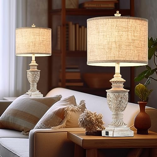 Fullarge Farmhouse Traditional Table Lamp Set Of 2 For Living Room,Rustic Vintage Bedside Lamp Resin Nightstand Lamps With Dual Usb Ports,27 Inch Oak Leafwork White Washed Finish Lamps For Bedroom thumb #4