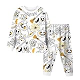 Générique Pyjama für Kinder, Mädchen, Halloween-Schlafanzug für Kinder, lange Ärmel, Rundhalsausschnitt, bequeme Nachtwäsche für Jungen und Mädchen, bedruckt mit schwarzen und weißen Streifen (Weiß, 4