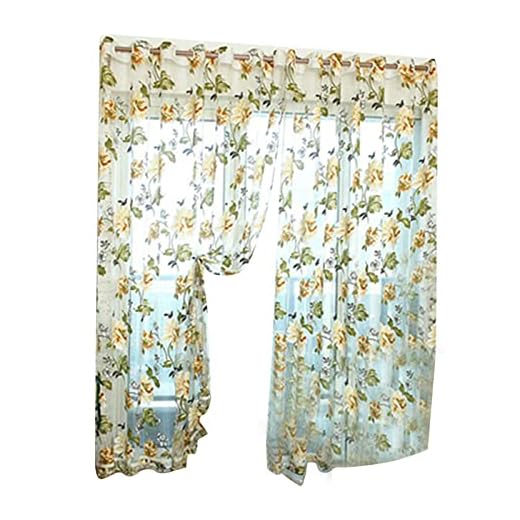 Voldrew Voile fönster ridå Tull skir gardin Blomma Valance Drape vardagsrum kök Floral gardin för hemmet Brun 2st 100cm x 250 cm (hål)