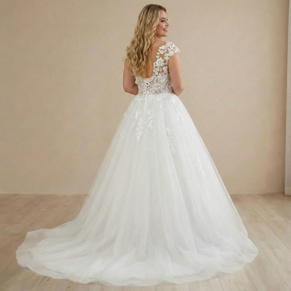 Glitter Tulle Dentelle Ligne A Robe de mariée Col V Illusion Grande Taille Lacé Corset Femmes Robe de Mariage AL-VN1042