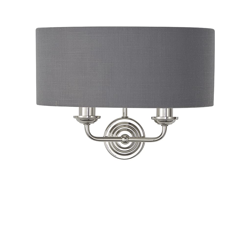National Lighting Celeste Decorative Wall Light - Bright Nickel 2 Way Multi Arm Wall Lamp with a Charcoal Coloured Fabric Shade - E14 Candle - Indoor Dimmable Light