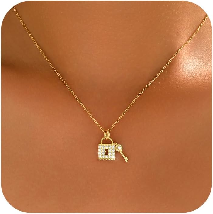 Lock Necklace for Women,925 Sterling Silver Cubic Zirconia Lock Key Pendant Necklace to Mother Daughter 14k Gold Plated Padlock Choker Chain Necklace Jewelry Gift for Birthday Valentine's Day