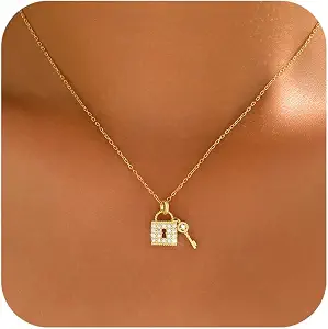 925 Sterling Silver Dainty Cubic Zirconia Lock Key Necklace for Women