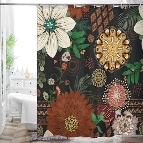 MACOFE Boho Floral Shower Curtain, Vintage Multi-Color Bathroom Decor, Waterproof & Washable Fabric Shower Curtain Set with Hooks, 72x72 Inches Cover