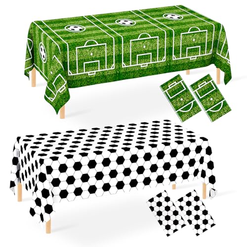 Image of WNINK 4 Pack Soccer Plastic Tablecloth Soccer Party Decorations Soccer Grass Disposable Rectangle Table Cover for Soccer Theme Birthday Party Decoration 54 x 108 Inch