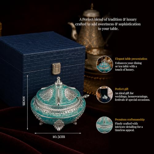 Image of Diviniti Silver Plated Peacock Sugar Pot with Lid | Decorative Storage Jar for Sugar, Mouth Fresheners & Small Essentials | Luxury Home Decor Item for Kitchen, Dining Table & Gifting (Teal Green)