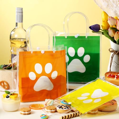 Image of Teenyyou 24 Pcs Dog Paw Clear PVC Gift Bags with Handle Puppy Party Favor Reusable Plastic Wrap Tote Goodie Candy Treat Gift Bags Transparent for Puppy Pet Theme Birthday Party Supplies