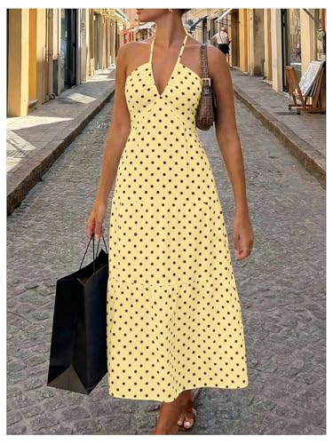 Image of SHENHE Women's Deep V Neck Tie Knot Backless Halter Dress A Line Flowy Ruffle Maxi Dress