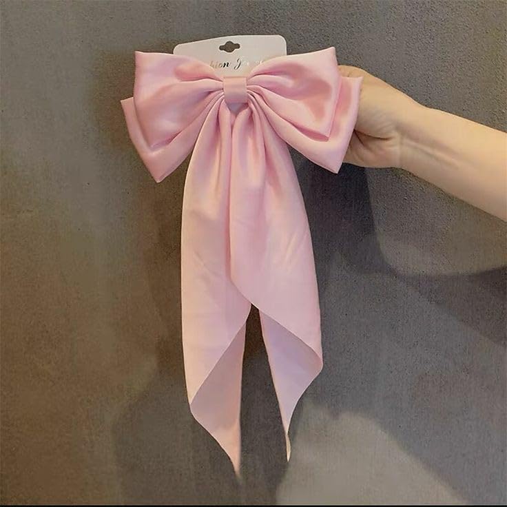 Image of FilterFashion Big Satin Layered Hair Bows for Women Girls 11.5 Inch Barrette Hair Clip Long Back Ribbon Bows French Style Hair Accessories (Gold,BabyPink)