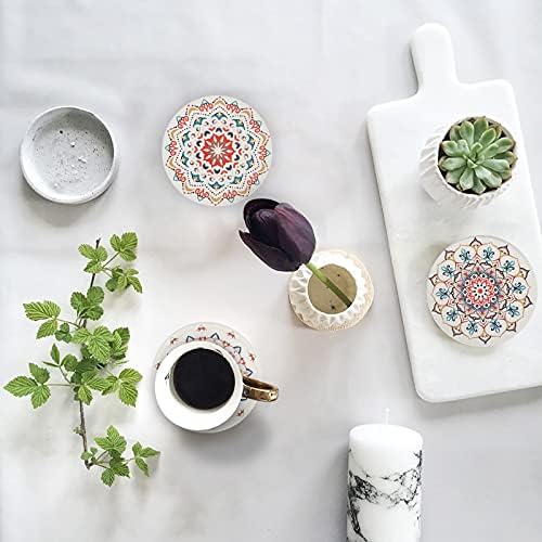 STARUBY Drink Coasters Set of 6 Ceramic Coaster Beautiful Absorbent Coaster Drink Mat with Cork Base Flower Patterns Round Coaster Non Slip for Coffee,Beer,Mug,Wine Glass Bottle,Home and Bar
