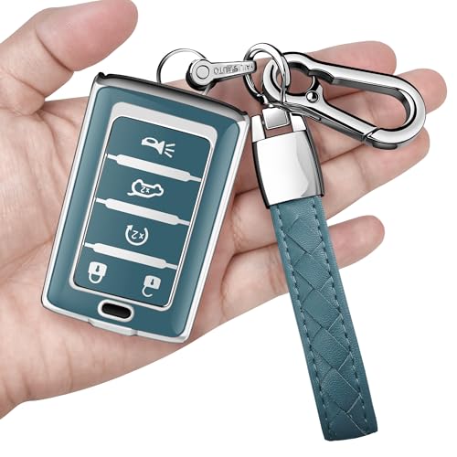 Sindeda for Jeep Key Fob Cover with Keychain Soft Full Protection Key Shell Compatible with 2021-2026 Jeep Grand Cherokee L/4xe Wagoneer Grand Wagoneer Smart Key 5 Buttons-B(Storm Blue)