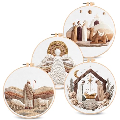 Image of Santune Christian Embroidery kit,Nativity Scene Needlepoint Cross Stitch Kits for Beginners Adult,Needle Point Sets,4 Embroidery,2 Hoops,Christmas Ornaments
