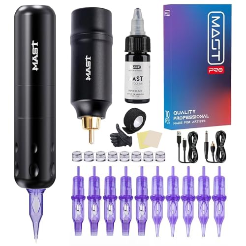 MKD Compatible Mast Wireless Tattoo Machine Kit Rotary Tattoo Pen Motor Gun Wireless Battery Tattoo Power Supply RCA Connect Tattoo Needles Cartridges for Tattoo Beginners & practice