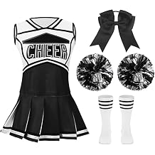 Cheerleader Costume for Girls, Cheerleading Outfit with Bow, Pom Poms, Socks Cheer Uniform Halloween Birthday Party