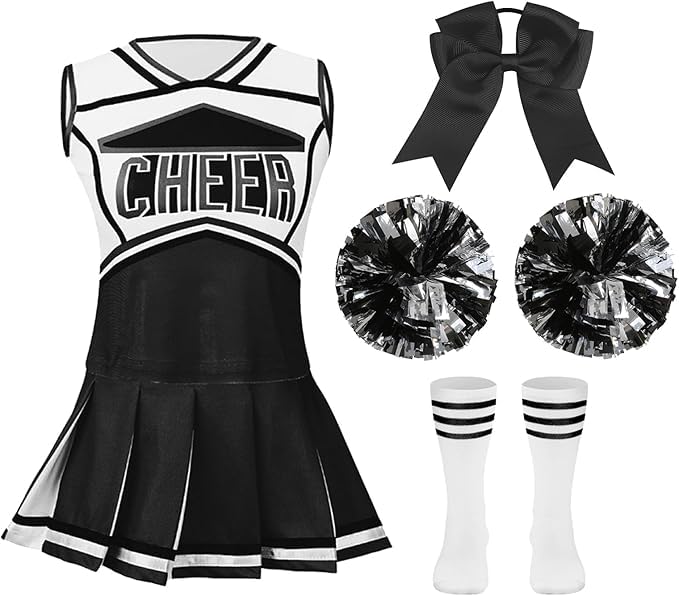 maxToonrain Girls Cheerleader Costume 5 PCS Classic Style Kids Cheerleader Outfit with Pull Ring Pom Poms, Top, Skirt