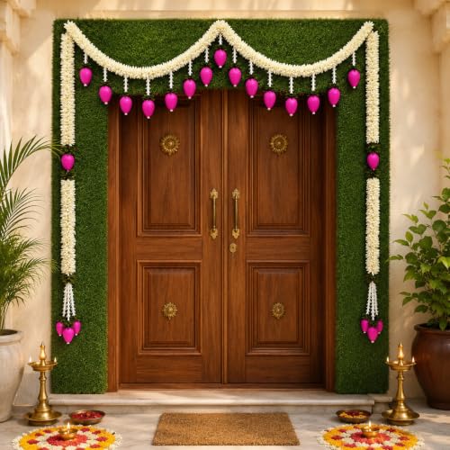 Image of iHandikart Handmade Gajra Lotus Bud Toran for Entrance 48 x 48 Inch | Artificial Flower Bandarwal | Decorative Garland for Home Decor, Pooja Room, Diwali, Wedding, Housewarming & Festive Decoration