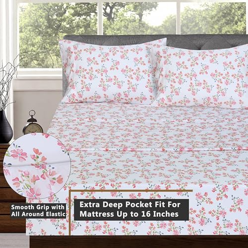 Image of RUVANTI 100% Cotton Percale Sheets Full Size, Bloomex | Crisp Cooling, Deep Pocket 16 inch, Soft Breathable & Durable, Hotel-Style, 4 Piece Set