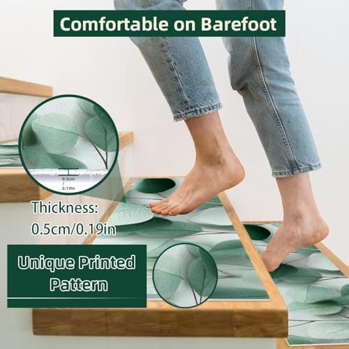 Tapis d'escalier antidérapants lot de 15 marches bois motif eucalyptus vert