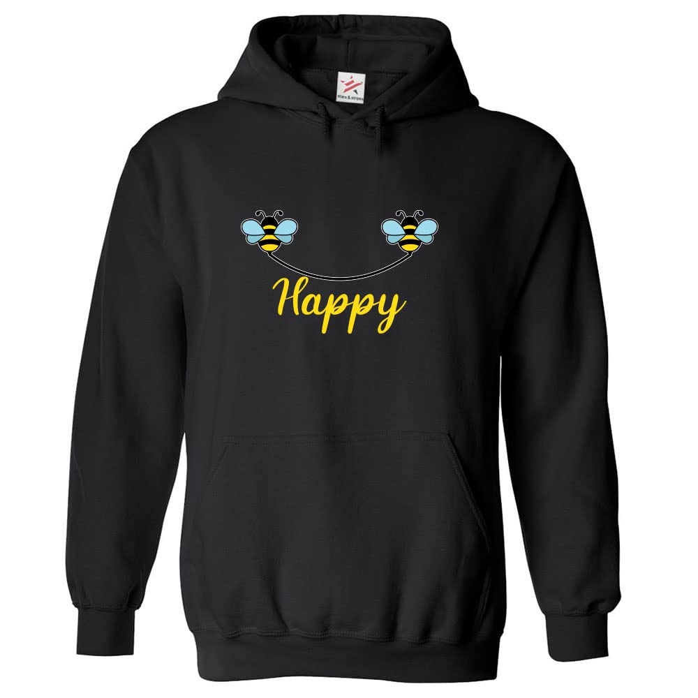 Stars and Stripes Happy Bee Smiley Unisex Adults Pullover Hoodie (L, Black)