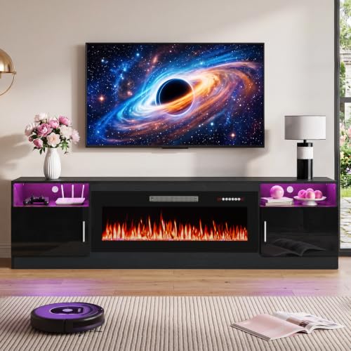 Image of Waleaf 80 inch Fireplace TV Stand with 40 inch Electric Fireplace,20 Colors LED Lights Entertainment Center for Living Room,Large High Gloss TV Console Cabinet for Televisions up to 930+ Inch