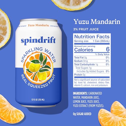 Image of Spindrift Sparkling Water, Yuzu Mandarin Flavored, Made with Real Squeezed Fruit, 12 Fl OZ Cans, Pack of 24 (Only 6 Calories per Can)