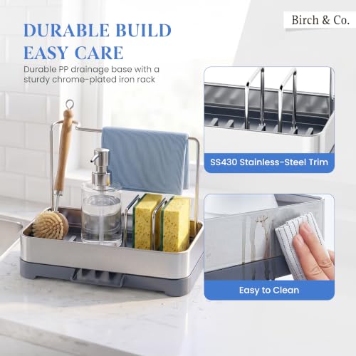 Image of Birch & Co. Kitchen Sink Caddy Organizer, Stainless Steel Countertop Storage Rack with Sponge Holders, Dishcloth Towel Bar & Brush Holder, Self-Draining Sink Organizer