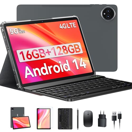 2025 Neueste 10.1 Zoll Tablet Android 14, Tablet mit Tastatur Maus und Stift,16GB+128GB(1TBTF), 4G LTE Tablets Mit 2 SIM 1 SD Slot, 5G Wifi Tablette PC, Octa-Core|13+10MP|8650mAh|1080FHD|GPS -Grau