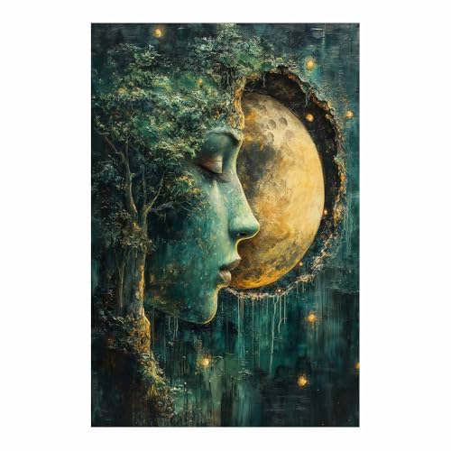 Toile turquoise 70x100cm grand format motif fleur rustique et lune vintage